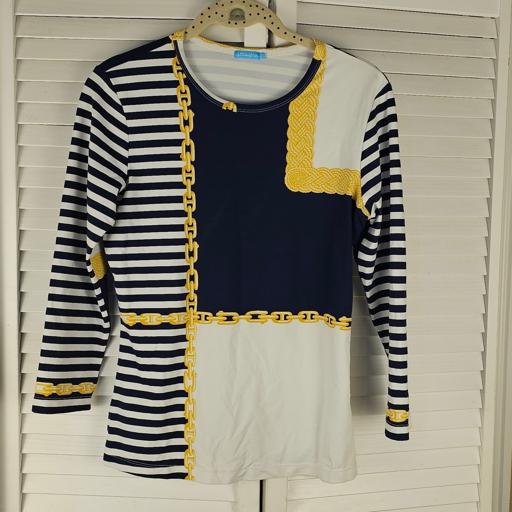 J McLaughlin Womens Blue Yellow Nautical Striped Shirt Top Small